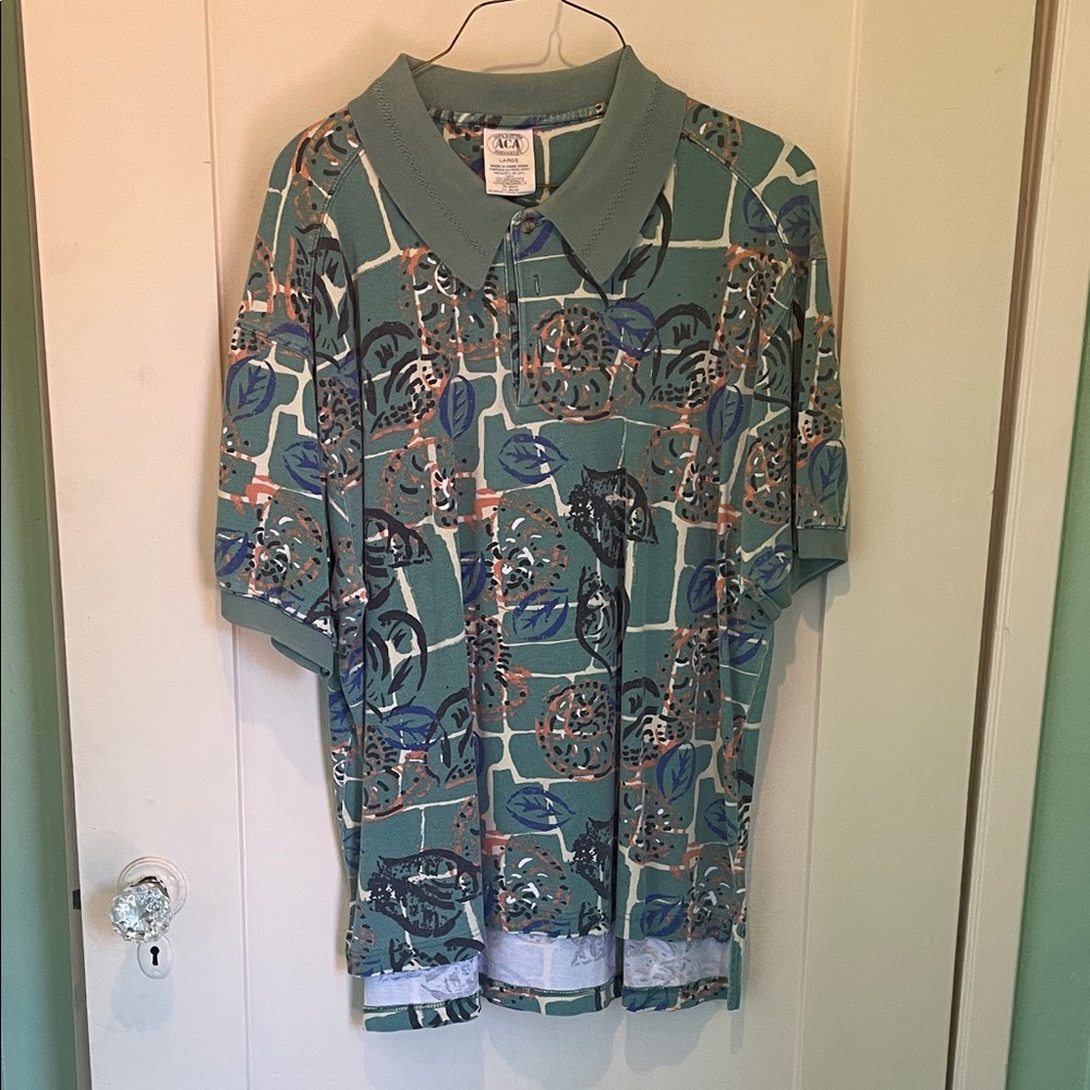 Vintage Patterned Polo Shirt in Green and Blue